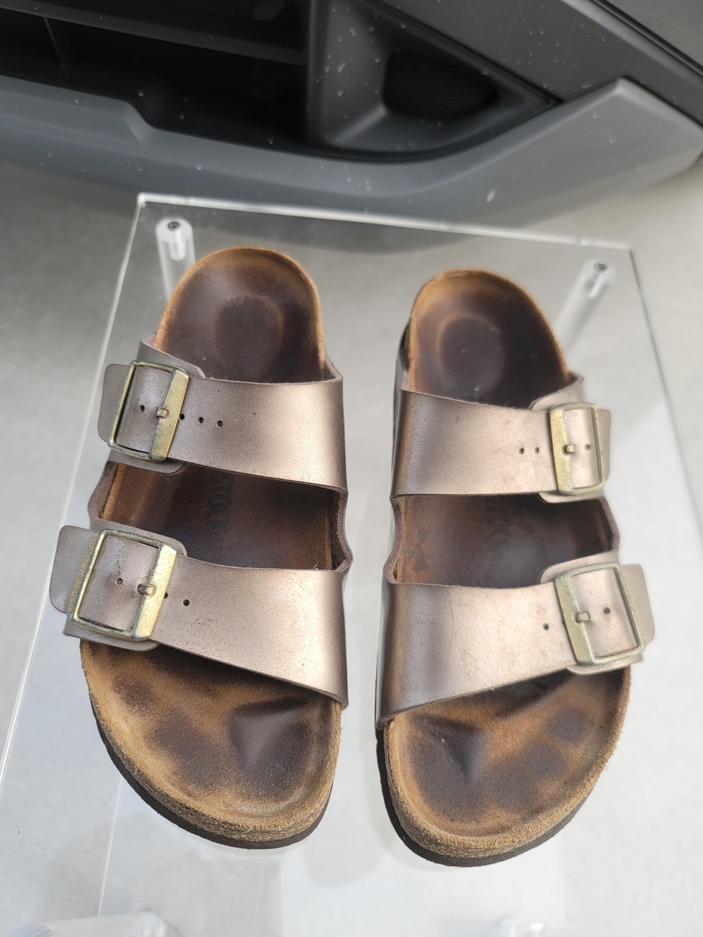 Classic Double-Buckle Metallic Slide Sandals - Bronze